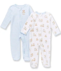 Little Me Baby Boys Long Sleeve Bear Print & Stripe Footies 2-Pack