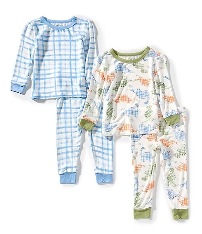 Little Me Baby Boys Long-Sleeve Dinosaur/Plaid Printed Bamboo-Blend 4-Piece Pajama Set
