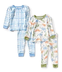 Little Me Baby Boys Long-Sleeve Dinosaur/Plaid Printed Bamboo-Blend 4-Piece Pajama Set