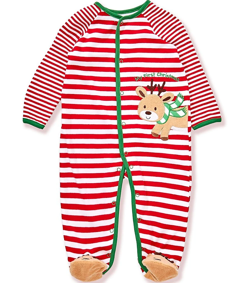 Little Me Baby Boys Long-Sleeve Thin/Wide-Stripe Reindeer-Face-Appliqued Footed Coverall