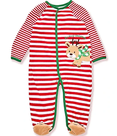 Little Me Baby Boys Long-Sleeve Thin/Wide-Stripe Reindeer-Face-Appliqued Footed Coverall