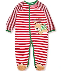 Little Me Baby Boys Long-Sleeve Thin/Wide-Stripe Reindeer-Face-Appliqued Footed Coverall