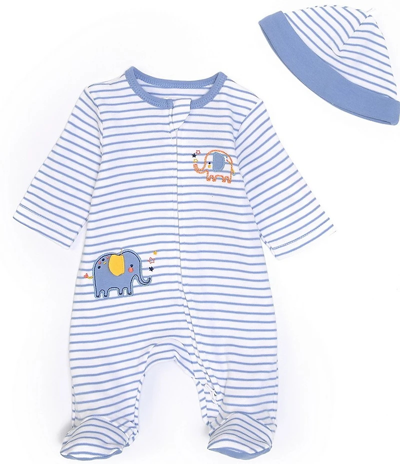 Little Me Baby Boys Elephant Zip Footed Coverall & Hat Set