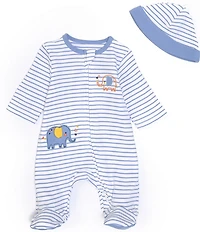 Little Me Baby Boys Elephant Zip Footed Coverall & Hat Set