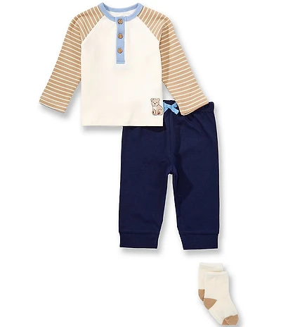 Little Me Baby Boys Raglan Sleeve Bear Henley T-Shirt & Solid Jogger Pants Set