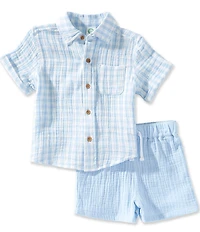 Little Me Baby Boys Short Sleeve Checked Gauze Shirt & Solid Shorts Set