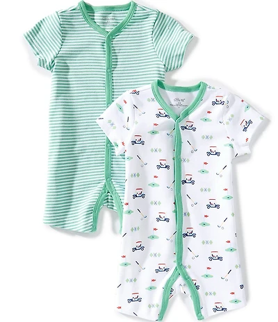 Little Me Baby Boys Short-Sleeve Cotton Golf-Inspired-Printed Shortall & Striped Golf-Applique Shortall 2-Pack