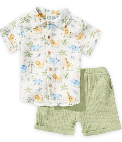 Little Me Baby Boys Short-Sleeve Organic Cotton Jungle-Printed Shirt & Solid Shorts Set