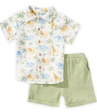 Little Me Baby Boys Short-Sleeve Organic Cotton Jungle-Printed Shirt & Solid Shorts Set