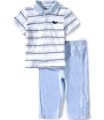 Little Me Baby Boys Short Sleeve Striped Polo Shirt & Solid Pants Set