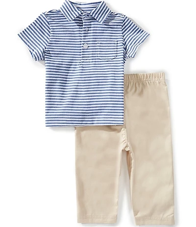 Little Me Baby Boys Short Sleeve Striped Polo Shirt & Solid Pants Set
