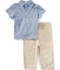 Little Me Baby Boys Short Sleeve Striped Polo Shirt & Solid Pants Set