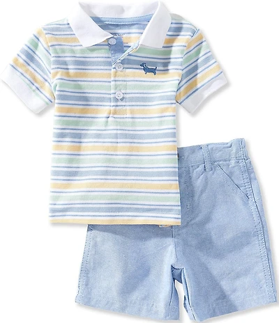 Little Me Baby Boys Short Sleeve Striped Puppy Motif Polo Shirt & Solid Shorts Set