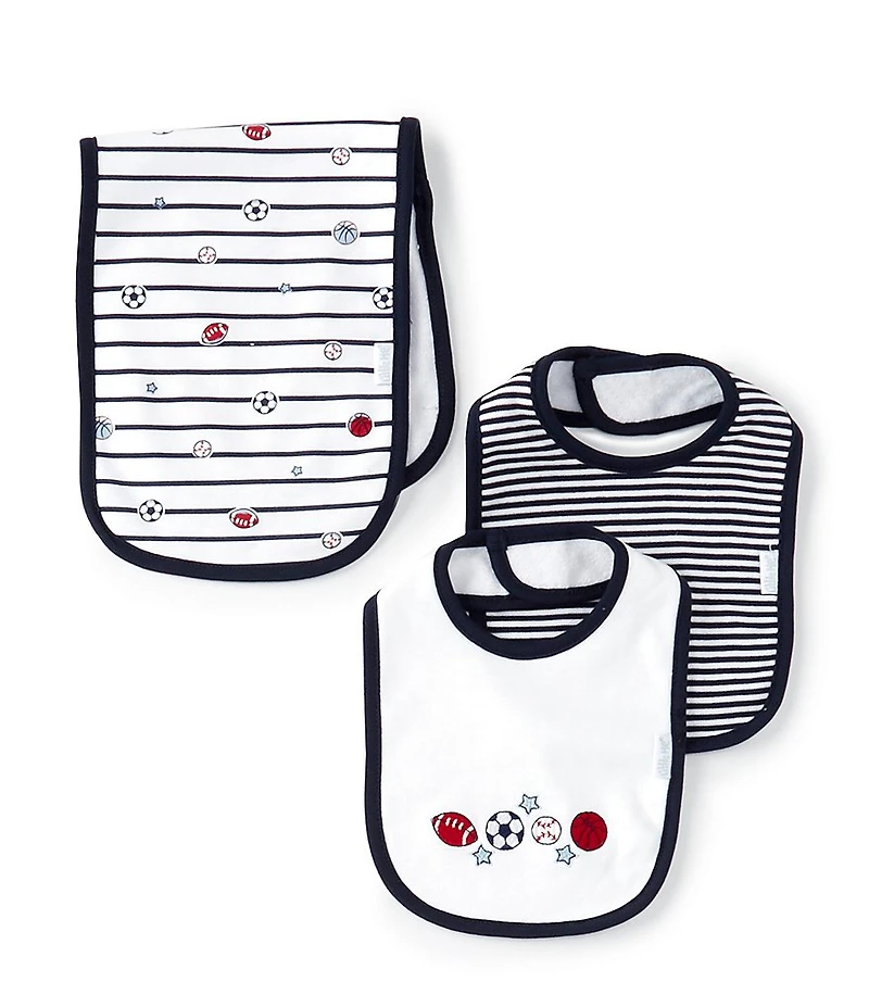 Little Me Baby Boys Sports Bib, Striped Bib & Striped/Sports Theme Burp Cloth Set