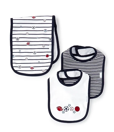 Little Me Baby Boys Sports Bib, Striped Bib & Striped/Sports Theme Burp Cloth Set