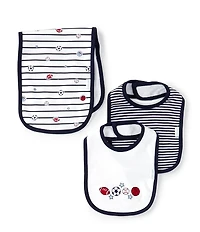 Little Me Baby Boys Sports Bib, Striped Bib & Striped/Sports Theme Burp Cloth Set