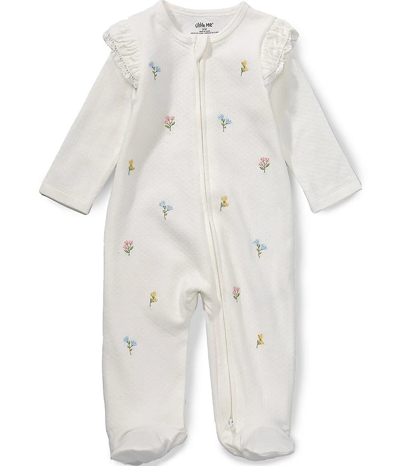 Little Me Baby Girls Long Sleeve Ruffle Shoulder Cotton Pointelle Floral Embroidered Footed Coverall