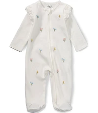 Little Me Baby Girls Long Sleeve Ruffle Shoulder Cotton Pointelle Floral Embroidered Footed Coverall