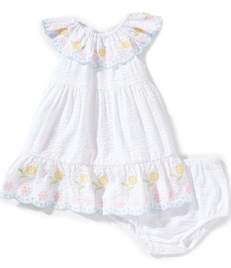 Little Me Baby Girls Cotton Ruffle Neck Woven Embroidered Floral Sundress