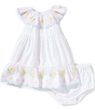 Little Me Baby Girls Cotton Ruffle Neck Woven Embroidered Floral Sundress