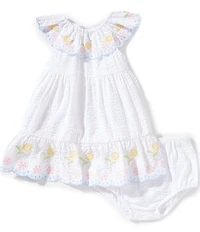 Little Me Baby Girls Cotton Ruffle Neck Woven Embroidered Floral Sundress