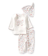 Little Me Baby Girls Floral Bow Lab-Shoulder Top & Floral Patterns Footie Bottoms Pants, & Hat Set