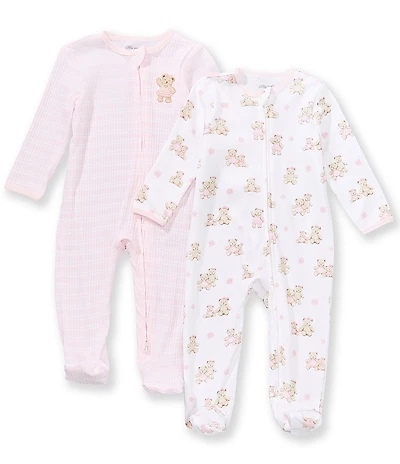 Little Me Baby Girls Long Sleeve Allover Dainty Bear Print And Striped Sleeper 2-Pack