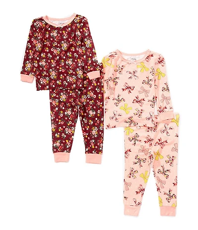 Little Me Baby Girls Long-Sleeve Bow/Rhododendron Printed Bamboo-Blend 4-Piece Pajama Set
