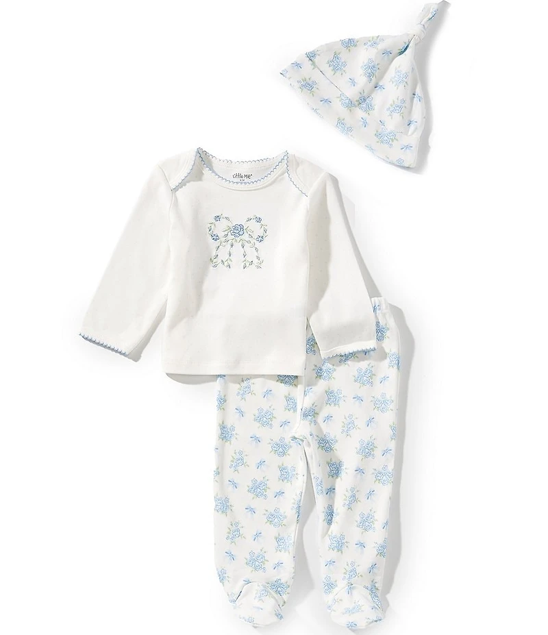 Little Me Baby Girls Long-Sleeve Floral-Bow-Motif T-Shirt & Floral-Printed Footed Pant Set
