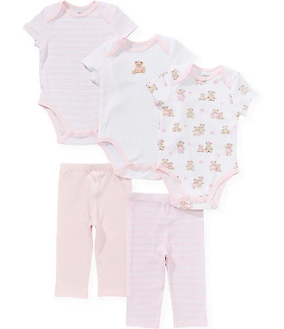 Little Me Baby Girls Short Sleeve Organic Cotton Bear Print & Stripe Bodysuits & Pants 5-Piece Set