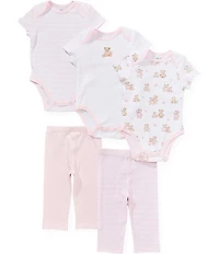 Little Me Baby Girls Short Sleeve Organic Cotton Bear Print & Stripe Bodysuits & Pants 5-Piece Set