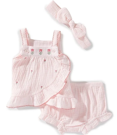 Little Me Baby Girls Woven Cotton Gauze Embroidered Tulips 2-Piece Scallop Trim Faux Wrap Sunsuit & Headband