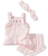 Little Me Baby Girls Woven Cotton Gauze Embroidered Tulips 2-Piece Scallop Trim Faux Wrap Sunsuit & Headband