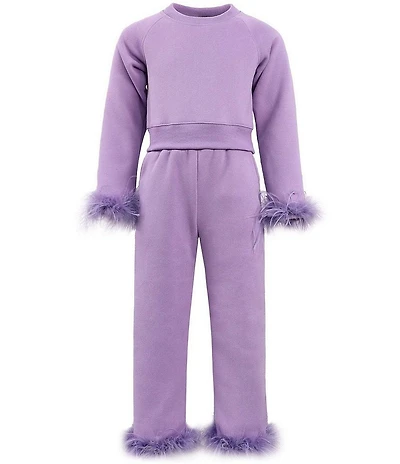 Lola + The Boys Girls Long Sleeve Feather Trim Sweatshirt & Wide Leg Athletic Pants Set