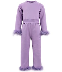 Lola + The Boys Girls Long Sleeve Feather Trim Sweatshirt & Wide Leg Athletic Pants Set