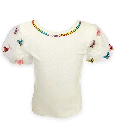 Lola + The Boys Little/Big Girls 3D Rainbow Butterflies Puff Sleeve T-Shirt