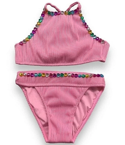 Lola + The Boys Little/Big Girls Heart Gem High Neck Ribbed Top & Bikini Bottoms 2-Piece Swimsuit
