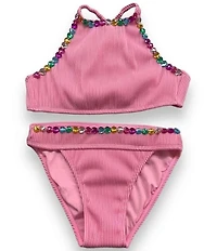 Lola + The Boys Little/Big Girls Heart Gem High Neck Ribbed Top & Bikini Bottoms 2-Piece Swimsuit