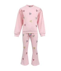 Lola + The Boys Little/Big Girls Pink Crystal Hearts Long Sleeve Sweatshirt & Flare Sweatpants Set