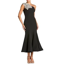 Mac Duggal Petite Size Crepe One Shoulder Flower Mermaid Midi Dress