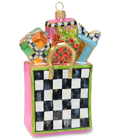 MacKenzie-Childs Confetti Christmas Shopping Bag Glass Ornament
