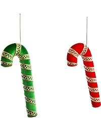 MacKenzie-Childs Holiday Collection Check It Out Candy Cane Fabric Ornaments, Set of 2