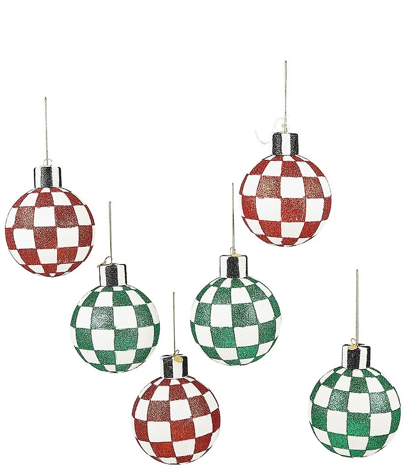 MacKenzie-Childs Holiday Collection Check It Out Glass Ball Ornaments, Set of 6