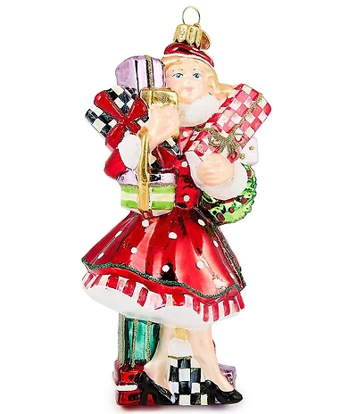 MacKenzie-Childs Holiday Collection Check It Out Shopper Lady Glass Ornament