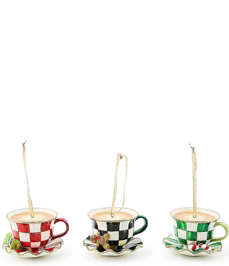MacKenzie-Childs Holiday Collection Check It Out Teacup Ornaments, Set of 3