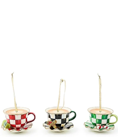 MacKenzie-Childs Holiday Collection Check It Out Teacup Ornaments, Set of 3