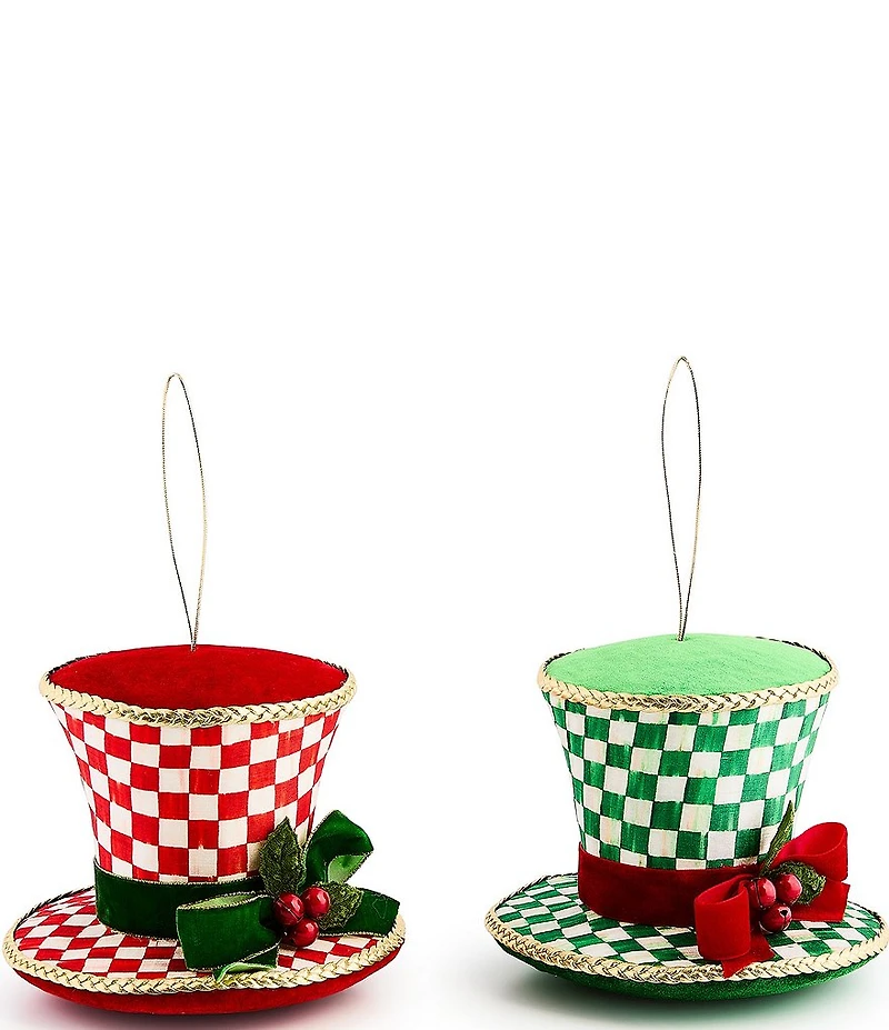 MacKenzie-Childs Holiday Collection Check It Out Top Hat Fabric Ornaments, Set of 2