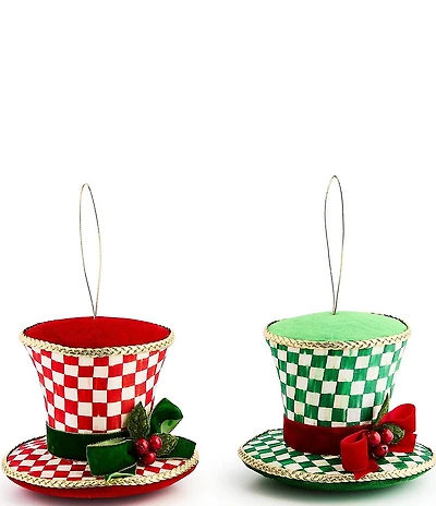 MacKenzie-Childs Holiday Collection Check It Out Top Hat Fabric Ornaments, Set of 2