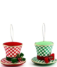 MacKenzie-Childs Holiday Collection Check It Out Top Hat Fabric Ornaments, Set of 2