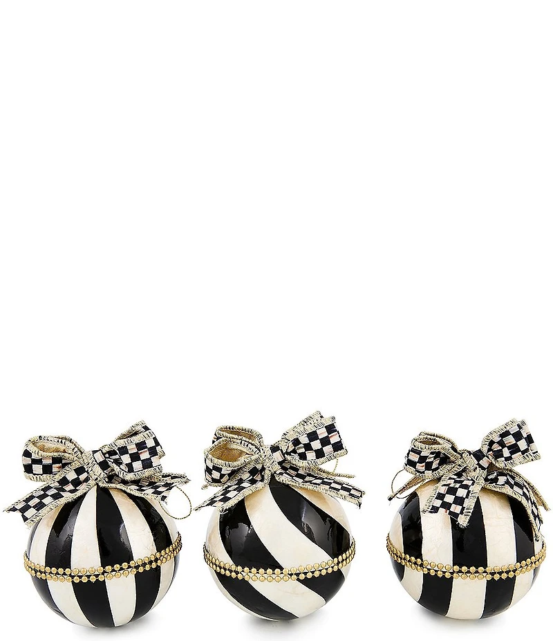 MacKenzie-Childs Holiday Collection Courtly Noel Stripe Capiz Ball Ornaments, Set of 3
